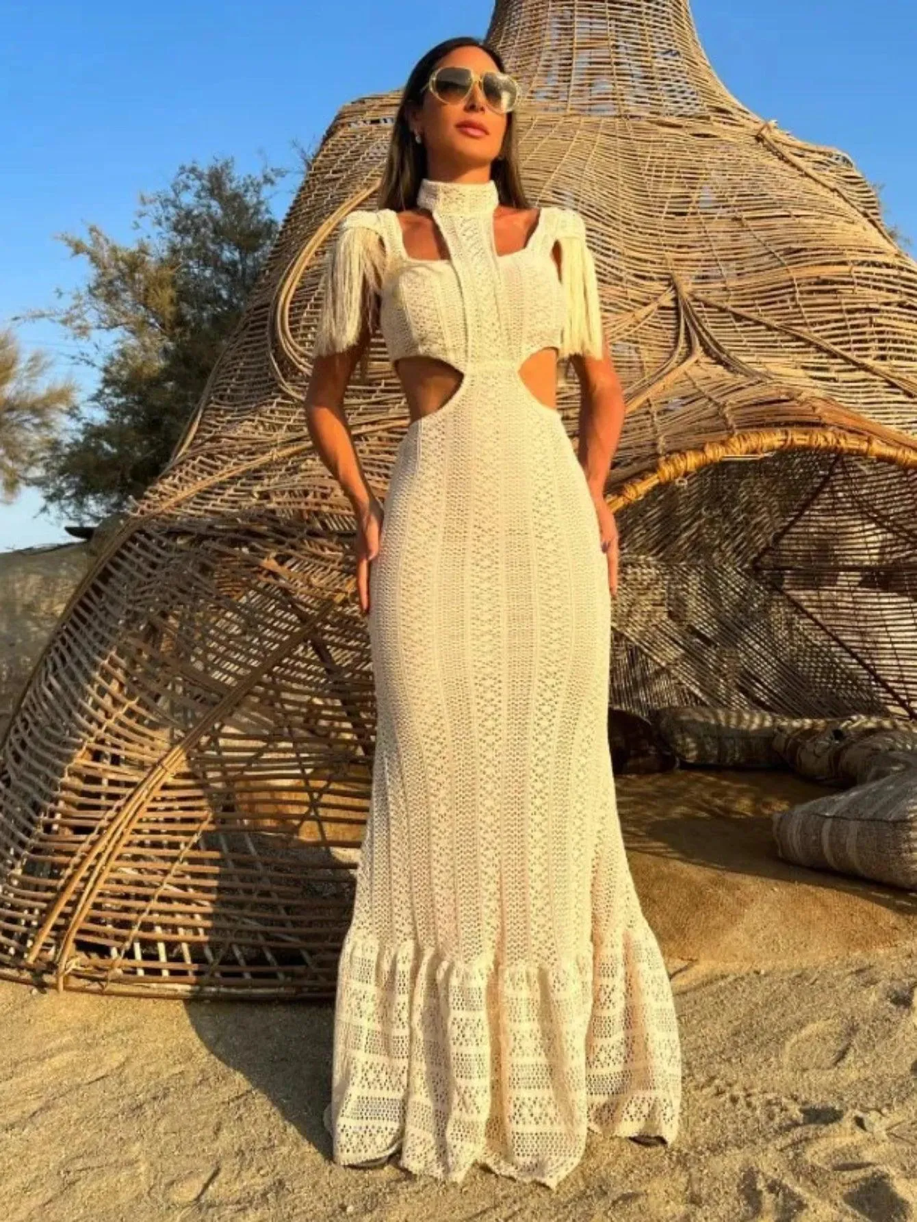 Turtleneck Tassel Sleeve Slim Naked Waist Hollow Out Long Dress