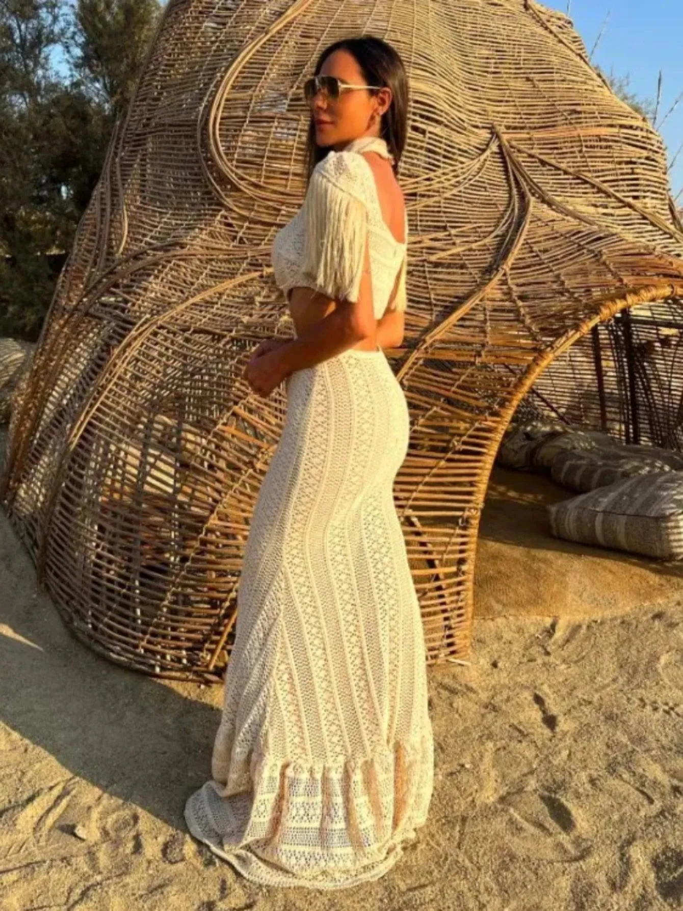 Turtleneck Tassel Sleeve Slim Naked Waist Hollow Out Long Dress