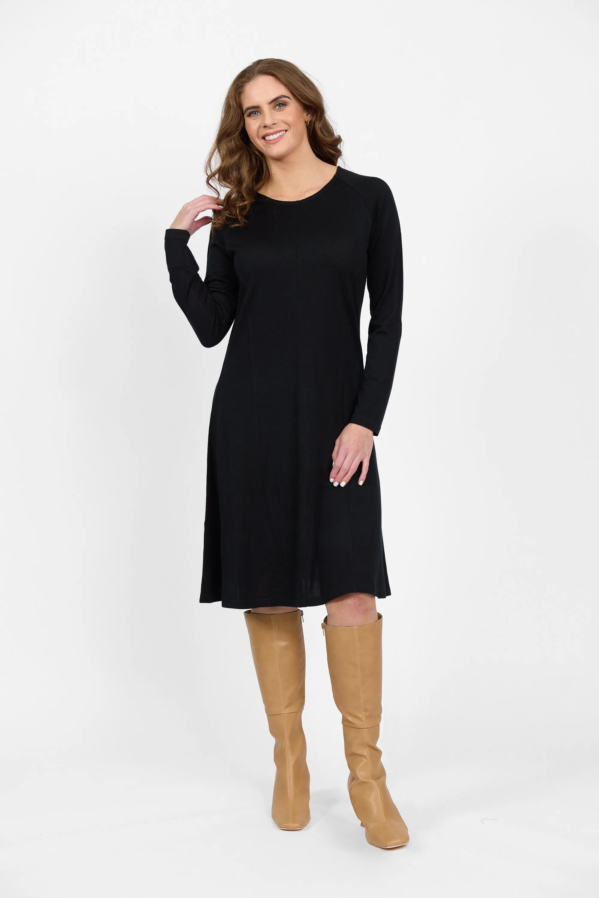 Vassalli Merino Long Sleeve Swing Dress in Black