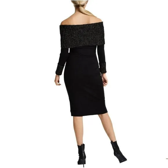 Vince Camuto Women's Metallic Off the Shoulder and Cuffs Knit Cocktail Midi Dress