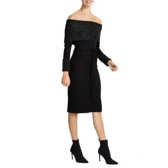 Vince Camuto Women's Metallic Off the Shoulder and Cuffs Knit Cocktail Midi Dress