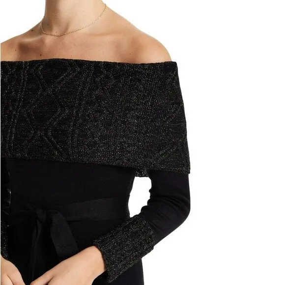 Vince Camuto Women's Metallic Off the Shoulder and Cuffs Knit Cocktail Midi Dress