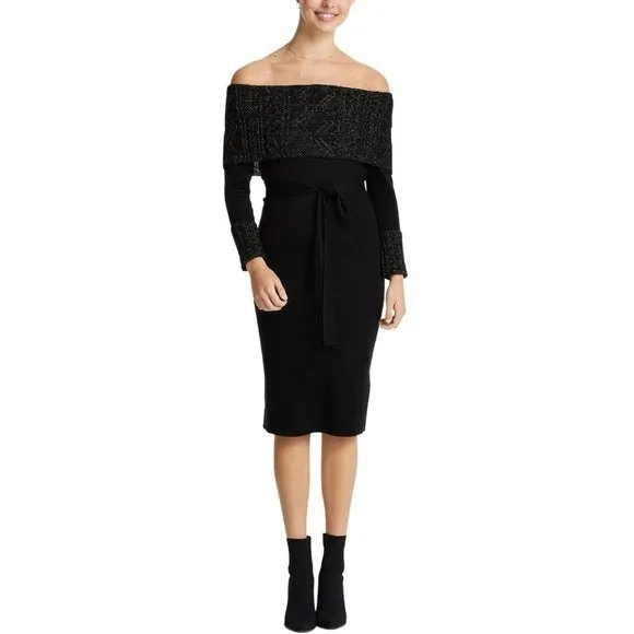 Vince Camuto Women's Metallic Off the Shoulder and Cuffs Knit Cocktail Midi Dress