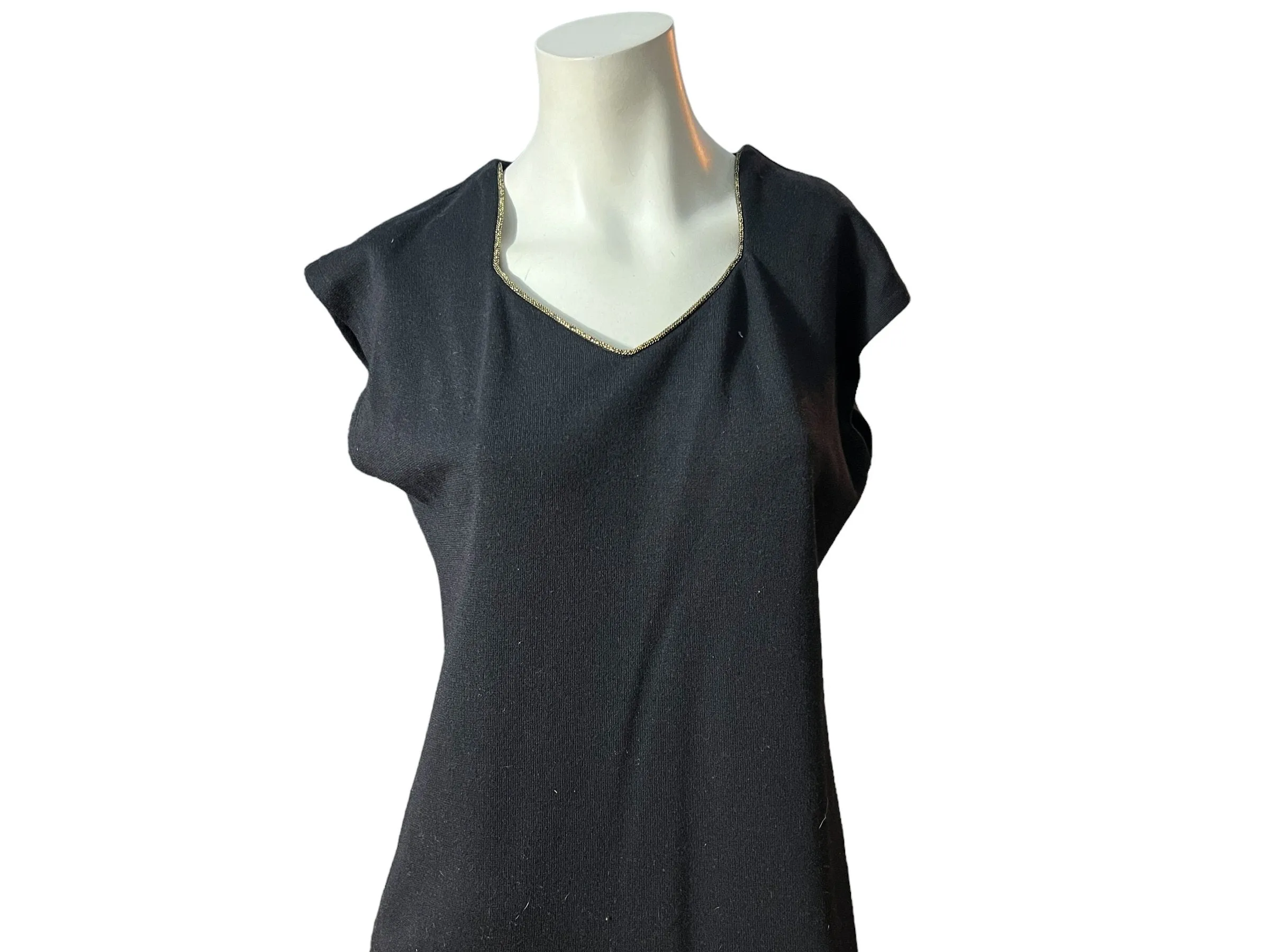 Vintage 80's black knit dress w/ gold trim L