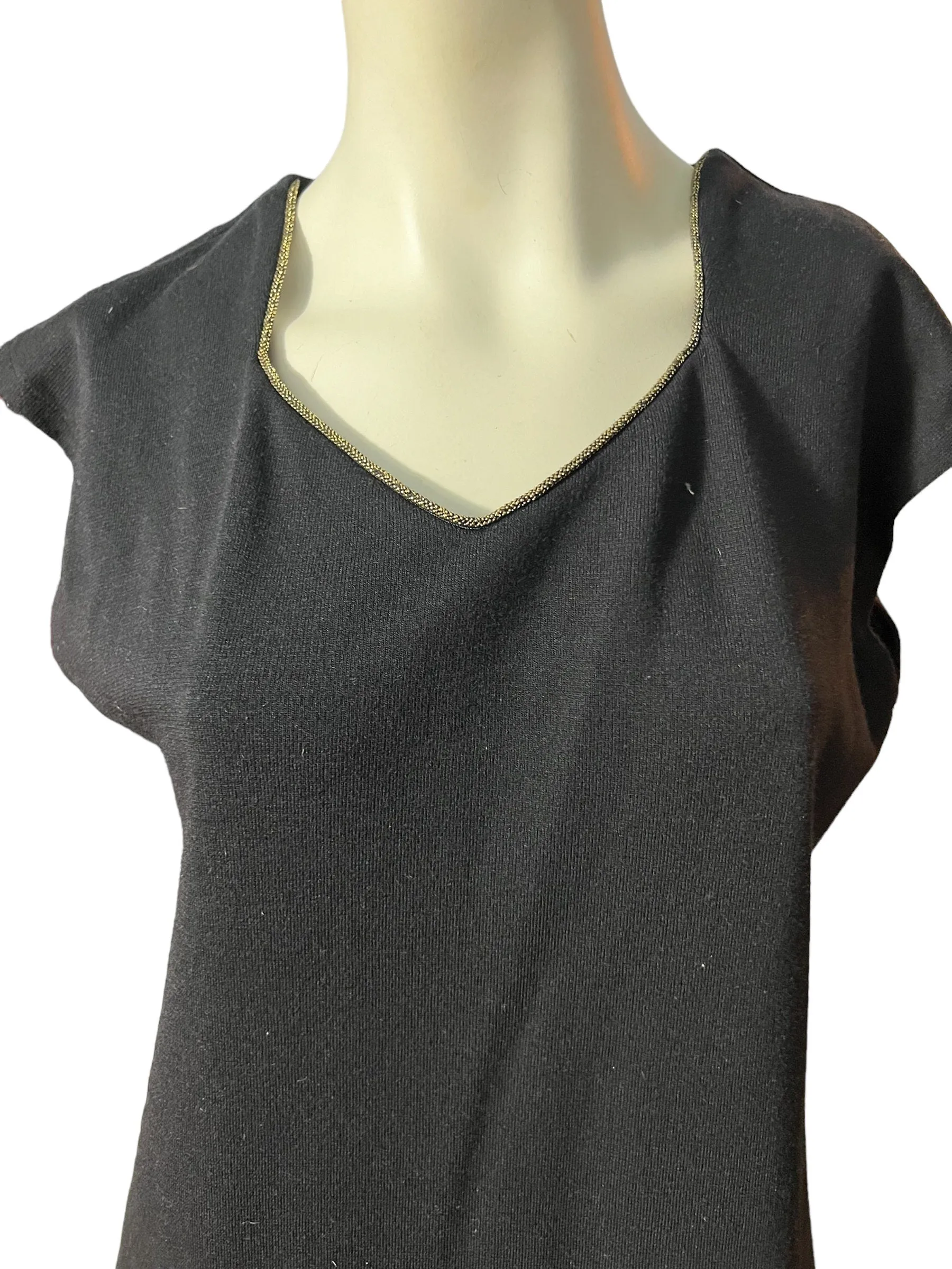 Vintage 80's black knit dress w/ gold trim L