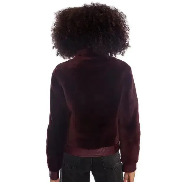 Women's Burgundy Short Shearling Jacket - Stylish & Warm