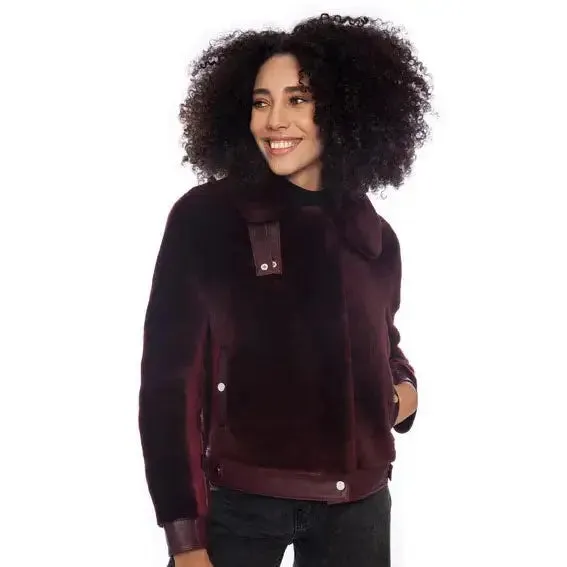 Women's Burgundy Short Shearling Jacket - Stylish & Warm