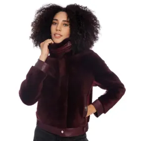 Women's Burgundy Short Shearling Jacket - Stylish & Warm