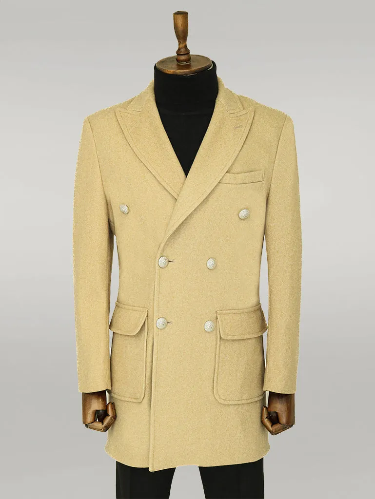 WSS Metal Buttons Wool Cashmere Beige Men Double Breasted Coat  - Singen