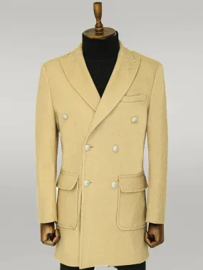 WSS Metal Buttons Wool Cashmere Beige Men Double Breasted Coat  - Singen