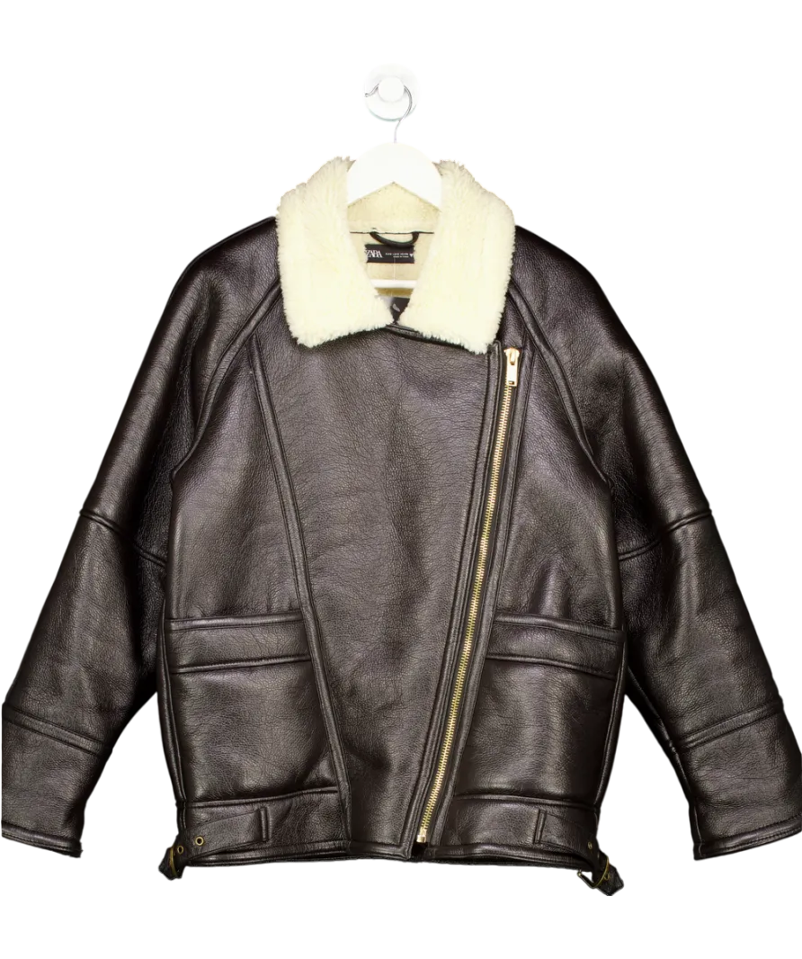 ZARA Brown Faux Leather Jacket With Sherling Look Lining UK S