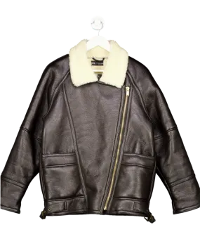 ZARA Brown Faux Leather Jacket With Sherling Look Lining UK S