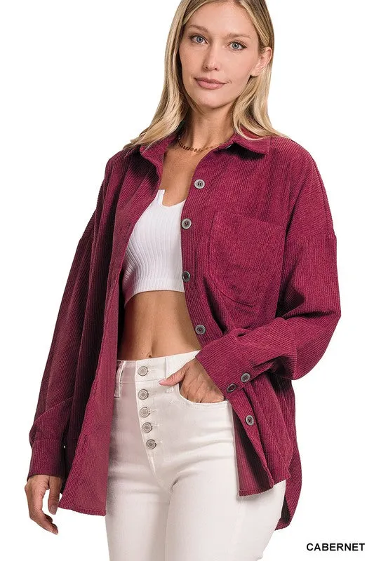 Zenana Clothing Long Sleeved Oversized Corduroy Shacket